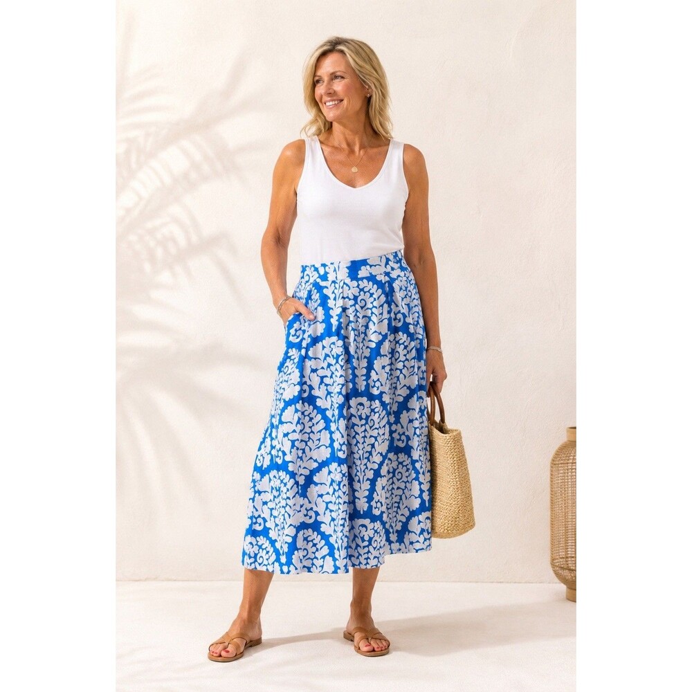 Boden Verity 100% Linen Midi Skirt Blue White A-Line Pockets Size 14 L NWT